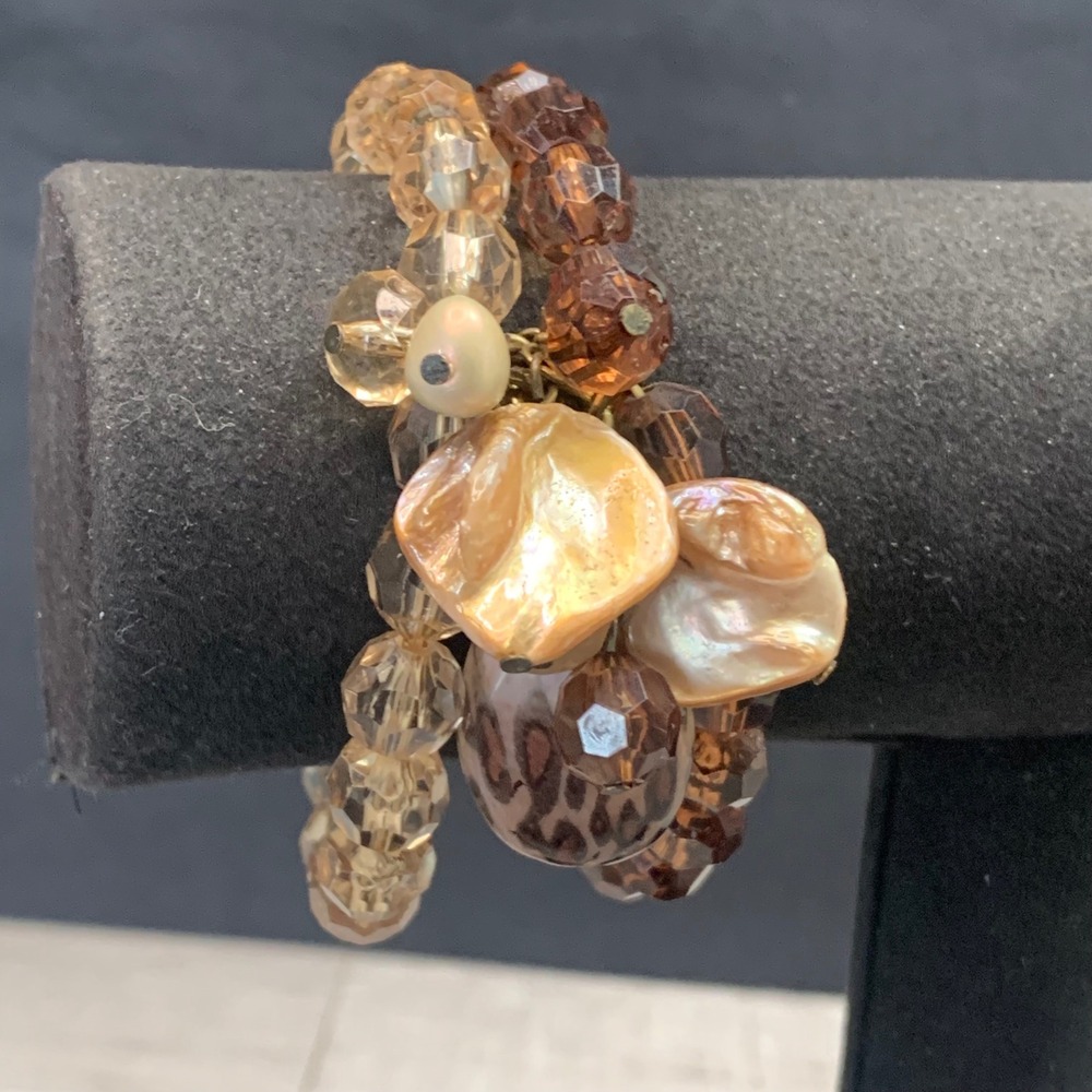 Amber Glass Bead Stretch Bracelet Set Leopard Print & Keshi Pearl Charms